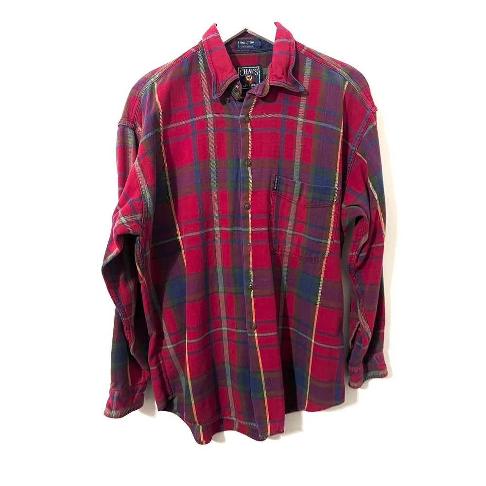 VINTAGE‎ CHAPS Ralph Lauren Button Down Men L Red Plaid Flannel Preppy 90s